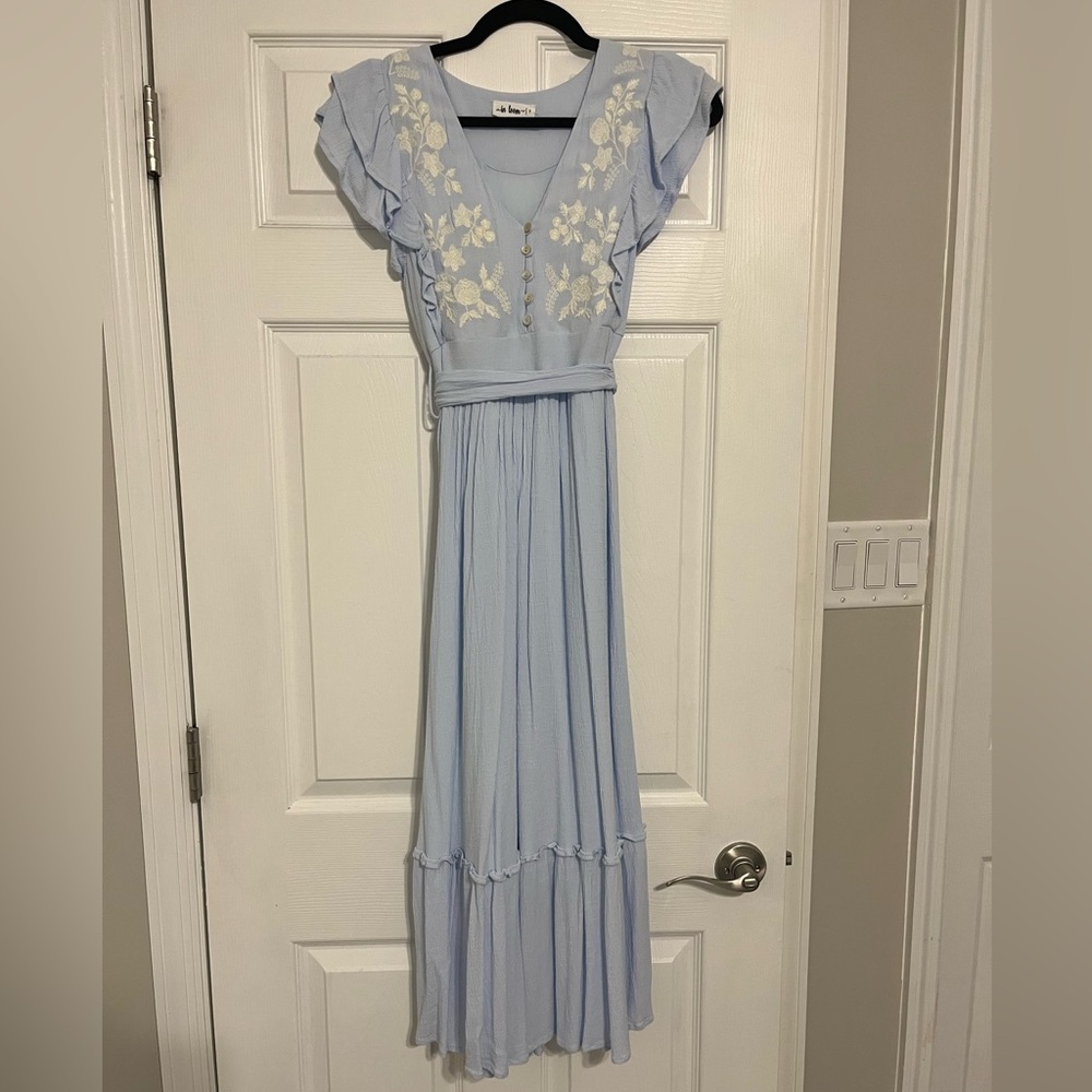 Light Blue Embroidered Midi Dress In Bloom